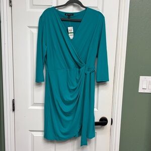 INC International Concepts Teal Faux-Wrap Knee Dress with Side Tie